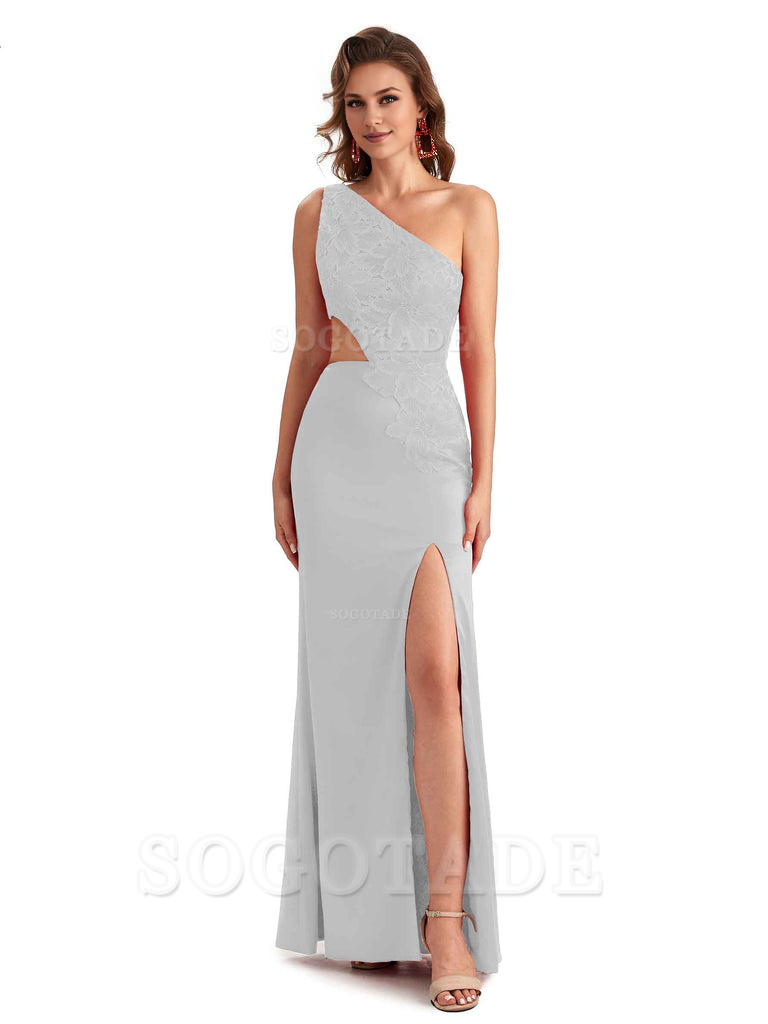Sexy Side Slit Mermaid Lace Silky Satin One Shoulder Chic Long Bridesmaid Dresses