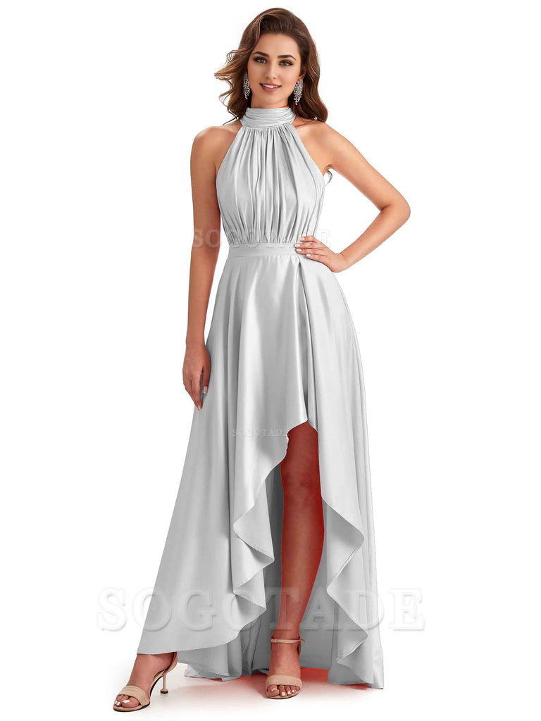 Soft Satin High Neck High Low A-Line Unique Bridesmaid Dresses Online