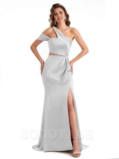Sexy Side Slit Mermaid Soft Satin One Shoulder Long Unique Bridesmaid Dresses