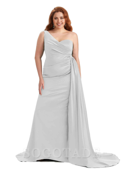 Sexy One Shoulder Sleeveless Mermaid Soft Satin Long Plus Size With Train Bridesmaid Gowns