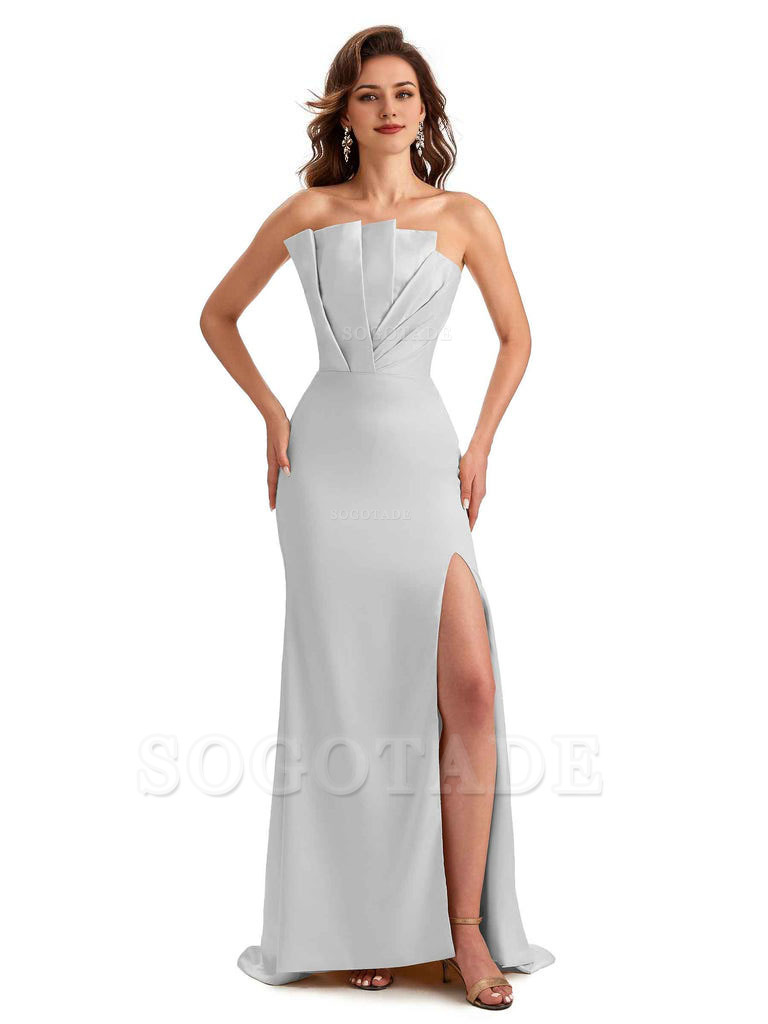 Unique Soft Satin Side Slit Asymmetrical Neckline Mermaid Long Bridesmaid Dresses