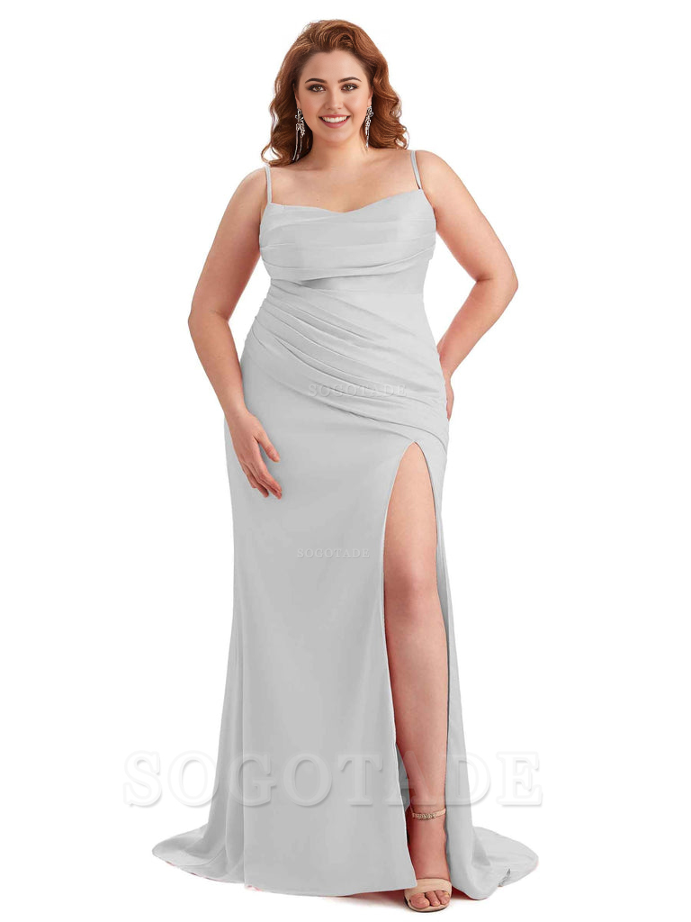 Sexy Side Slit Spaghetti Straps Mermaid Soft Satin Long Plus Size Bridesmaid Dress For Wedding