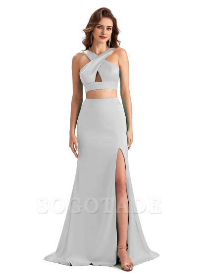 Sexy Side Slit Mermaid Silky Satin Halter Two Pieces Unique Long Bridesmaid Dresses