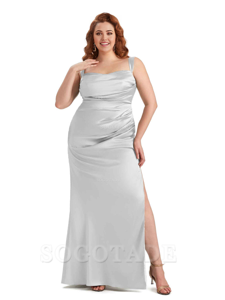 Sexy Side Slit Mermaid Wide Straps Soft Satin Long Plus Size Maid of Bridesmaid Dresses