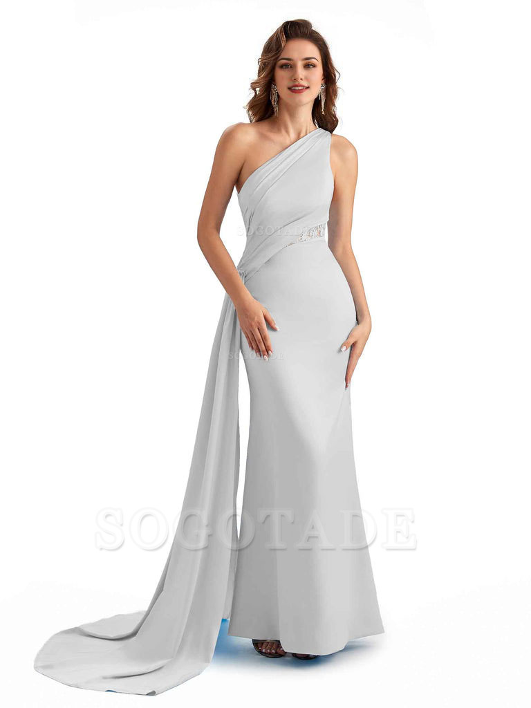 Sexy Mermaid Silky Satin One Shoulder Lace See Through Long Bridesmaid Dresses Online