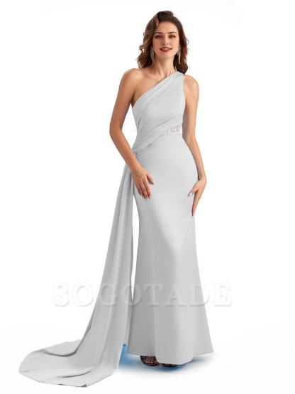 Sexy Mermaid Silky Satin One Shoulder Lace See Through Long Bridesmaid Dresses Online