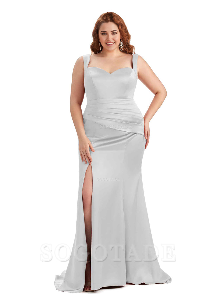 Sexy Side Slit Sleeveless Mermaid Straps Soft Satin Long Plus Size Maid of Bridesmaid Dresses