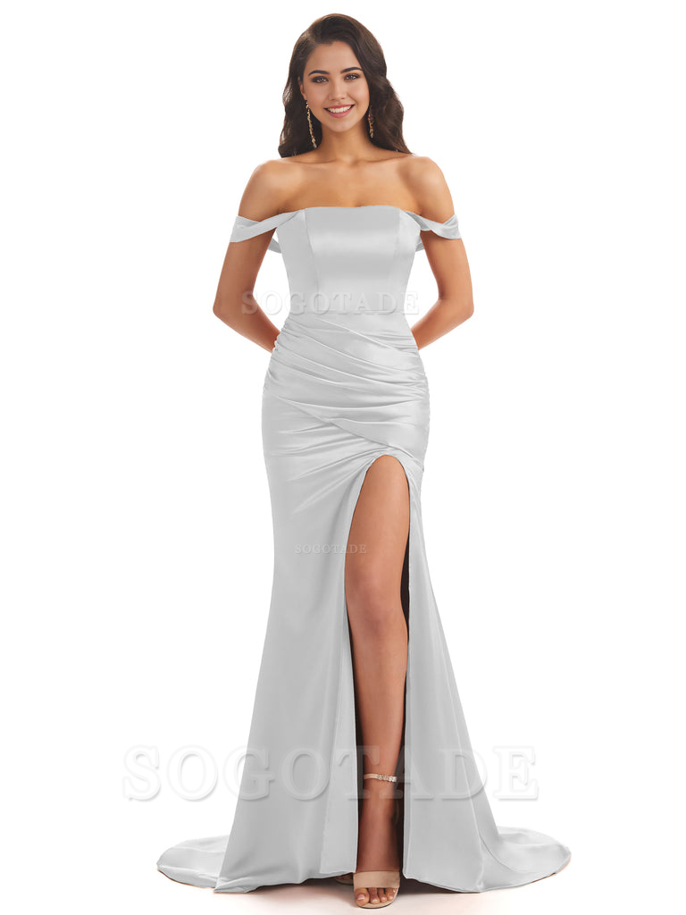 Mermaid Off Shoulder Floor-Length Satin formal dresses evening gown Bridesmaid Dresses With Side Slit 