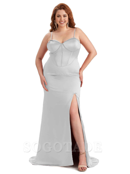 Sexy Spaghetti Straps Side Slit Sleeveless Mermaid Soft Satin Long Bridesmaid Dress Plus Size Dress To Wear to a Wedding