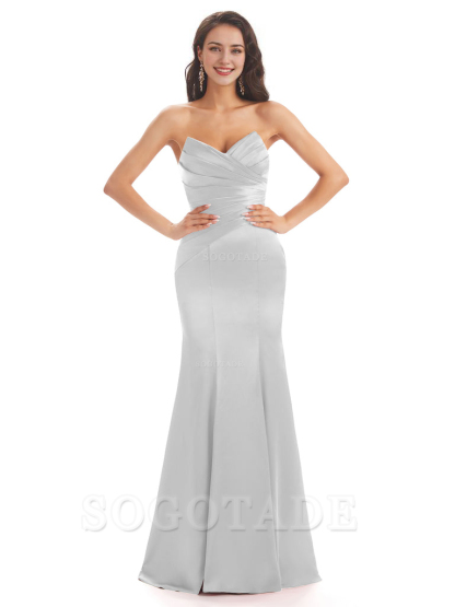 Simple Strapless Sweetheart Soft Satin Mermaid Long Bridesmaid Dresses prom shop dresses
