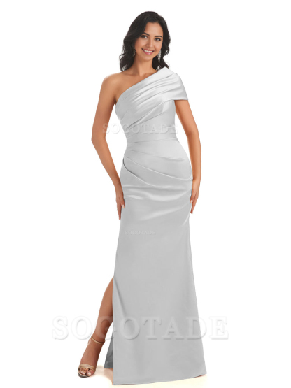 Mermaid One Shoulder Satin Long formal dresses evening gown Bridesmaid Dresses With Side Slit 