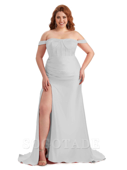 Elegant Off The Shoulder Side Slit Mermaid Soft Satin Floor Length Long Plus Size Bridesmaid Gowns