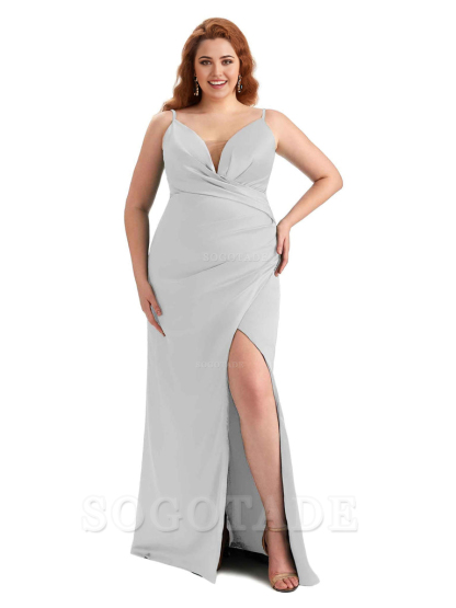 Sexy Side Slit Spaghetti Straps Sleeveless Mermaid V-neck Soft Satin Long Plus Size Bridesmaid Dress For Wedding