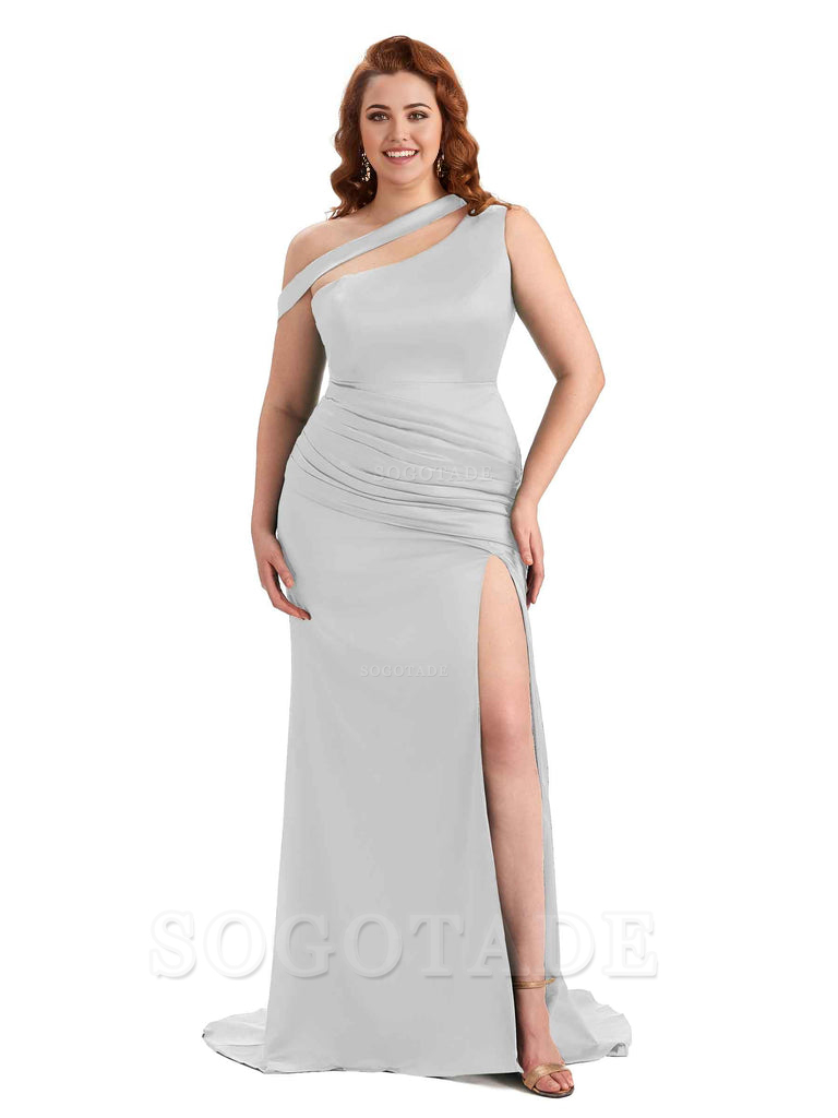 Sexy Mermaid Sleeveless One Shoulder Side Slit Soft Satin Long Plus Size Bridesmaid Dress