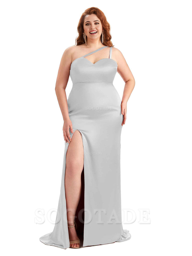 Sexy Side Slit Sleeveless Mermaid One Shoulder Soft Satin Long Plus Size Bridesmaid Dress For Wedding