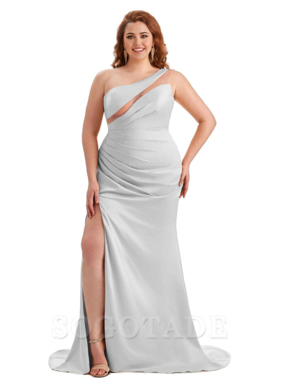 Sexy Unique Sleeveless One Shoulder Side Hight Slit Mermaid Soft Satin Long Plus Size Maid of Honour Dresses