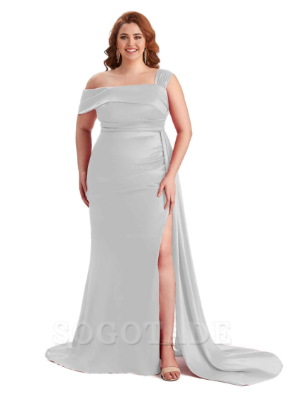 Sexy Side Hight Slit One Shoulder Mermaid Soft Satin Long Plus Size With Train Matron of Honor Dresses