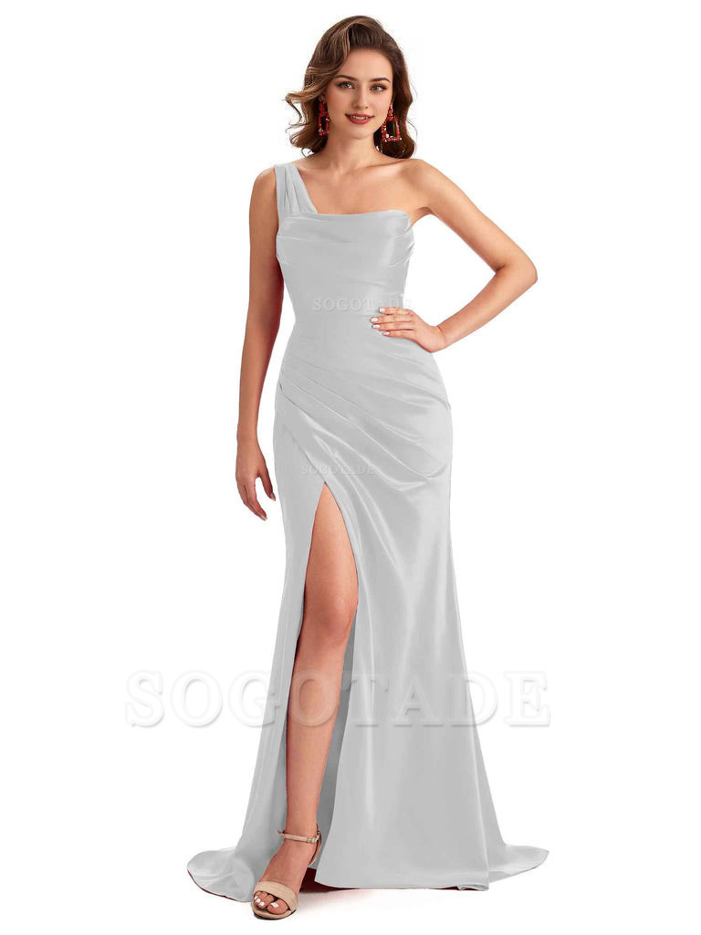 Sexy One Shoulder Side Slit Silky Satin Chic Long Mermaid Trumpet Bridesmaid Dress