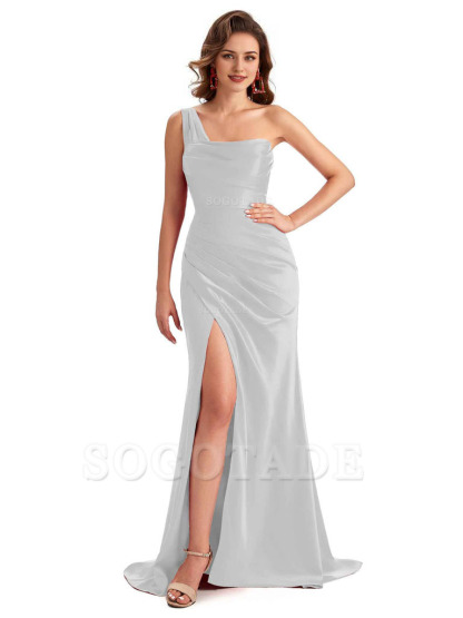 Sexy One Shoulder Side Slit Silky Satin Chic Long Mermaid Trumpet Bridesmaid Dress