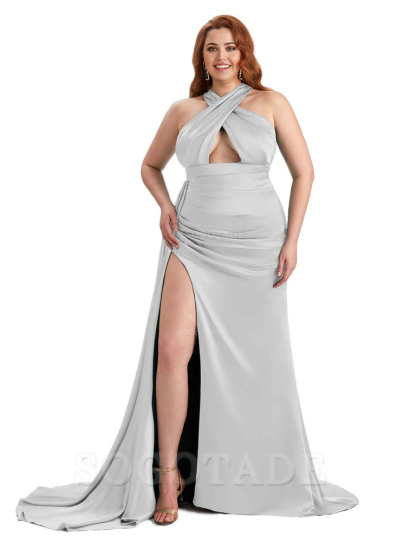 Sexy Halter Side Hight Slit Sleeveless Mermaid Soft Satin Long Plus Size Bridesmaid Dress For Wedding