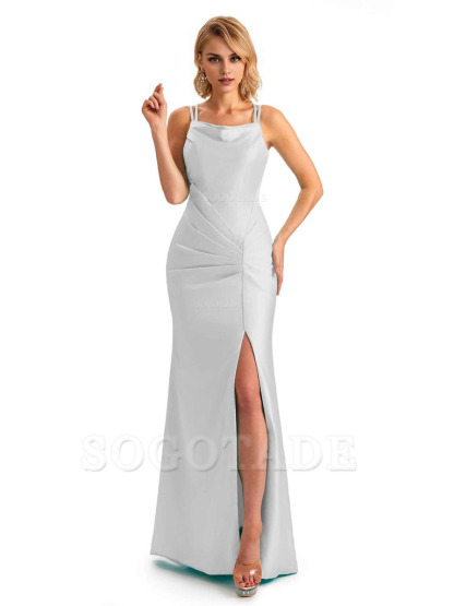 Soft Satin Spaghetti Straps Side Slit Long Unique Mermaid Beautiful Dresses For Wedding