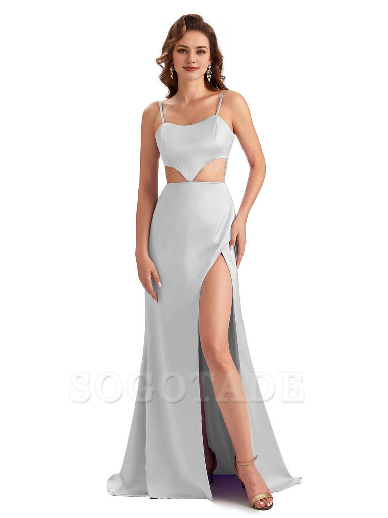 Sexy Satin Side Slit Spaghetti Straps Mermaid Long Unique Curve Wedding Guest Dresses