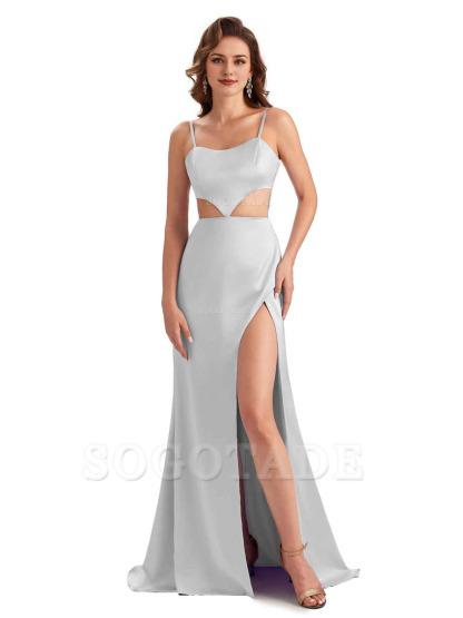 Sexy Satin Side Slit Spaghetti Straps Mermaid Long Unique Curve Wedding Guest Dresses