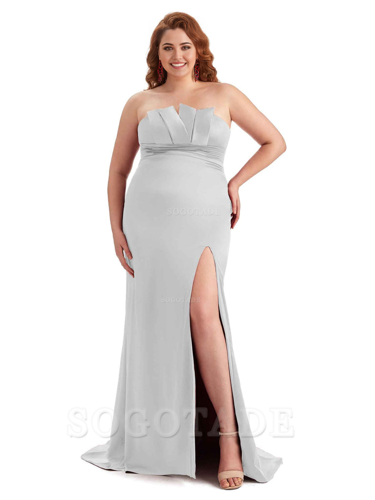 Sexy Side Slit Sleeveless Mermaid Soft Satin Long Plus Size Wedding Party Dresses For Wedding