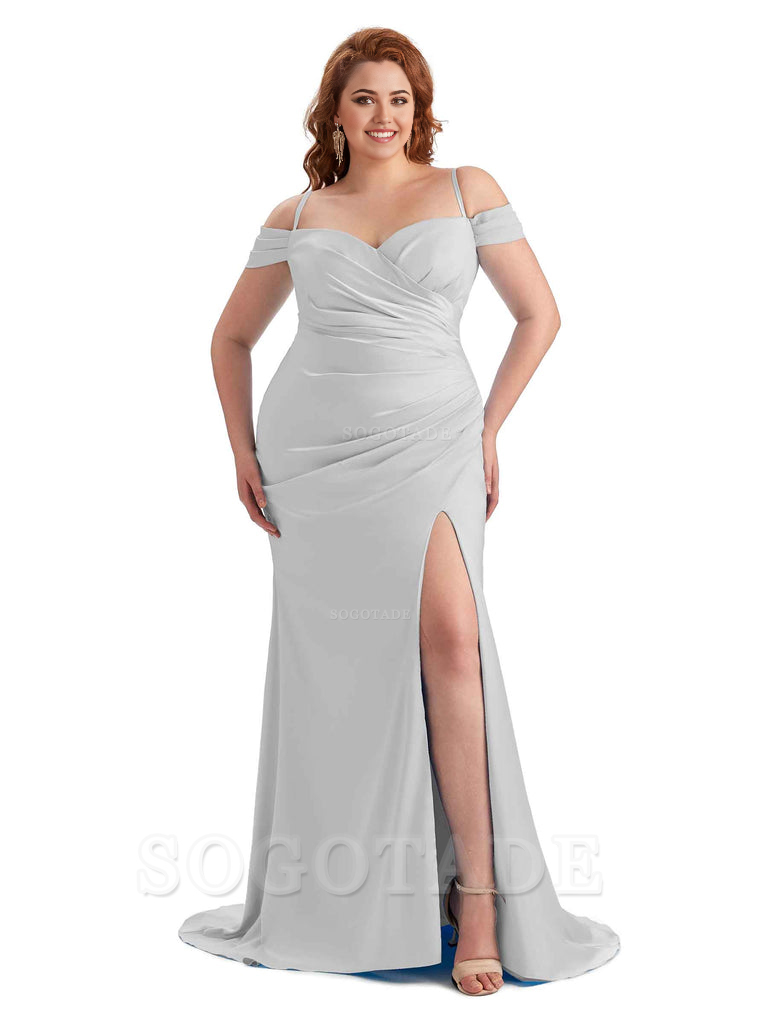Sexy Side Slit Sleeveless Cold Shoulder Mermaid Soft Satin Long Plus Size Maid of Honor Dresses
