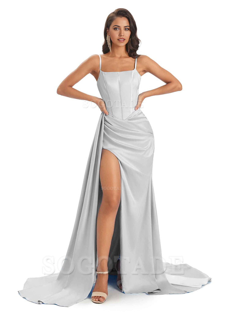 Spaghetti Straps Floor-Length Satin formal dresses evening gown Bridesmaid Dresses With Side Slit 
