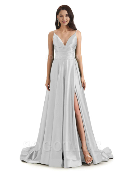 Spaghetti Straps Satin formal dresses evening gown Bridesmaid Dresses With Side Slit 