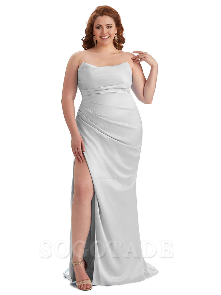Sexy Side Slit Sleeveless Strapless Mermaid Soft Satin Long Plus Size Bridesmaid Dresses For Wedding