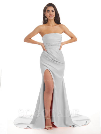 Mermaid Strapless Floor-Length Satin formal dresses evening gown Bridesmaid Dresses With Side Slit 