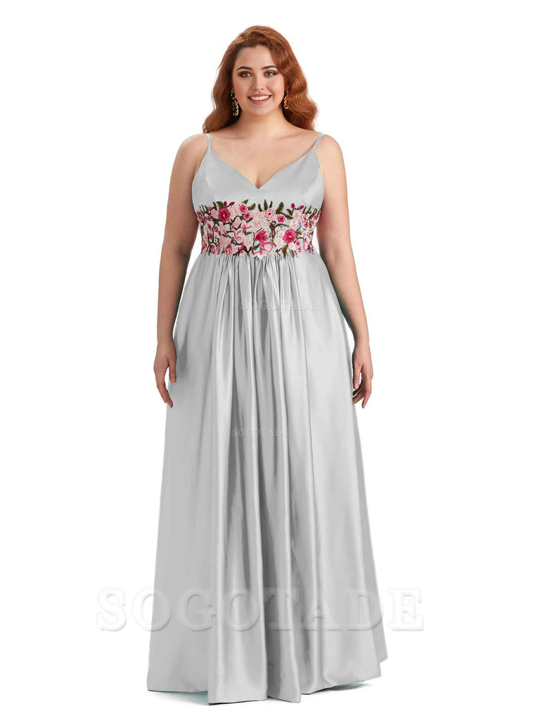 Unique Lace Spaghetti Straps Sleeveless Soft Satin Long Plus Size Bridesmaid Dress For Wedding