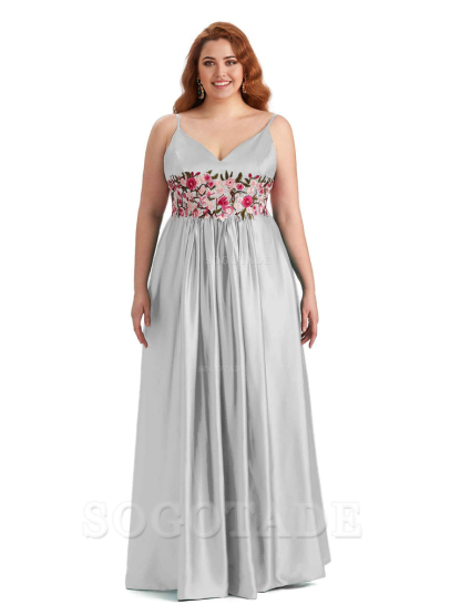 Unique Lace Spaghetti Straps Sleeveless Soft Satin Long Plus Size Bridesmaid Dress For Wedding