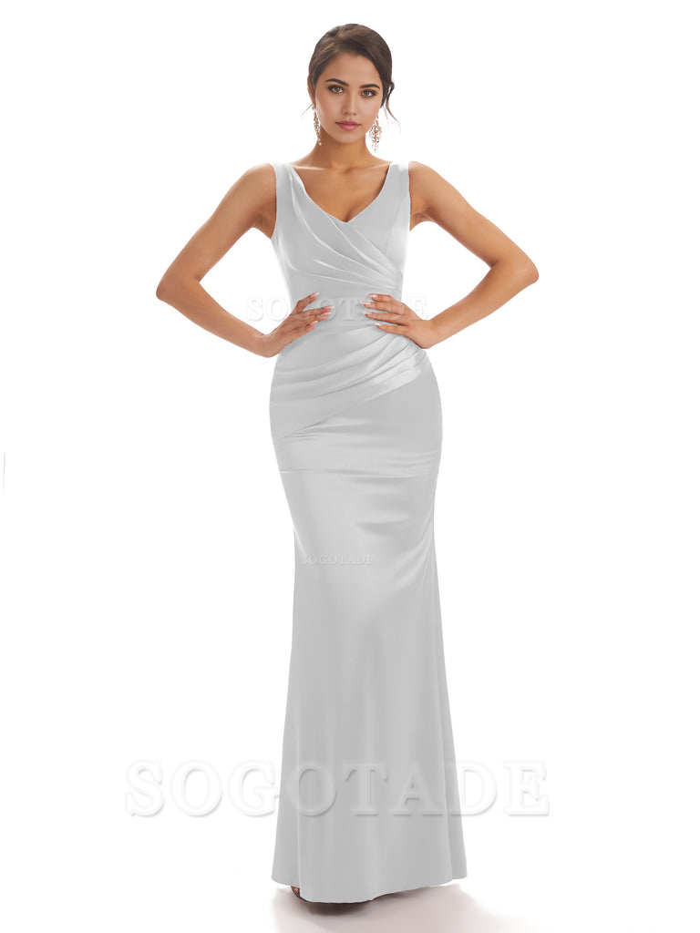 Sheath Sleeveless V-neck Floor-Length Satin formal dresses evening gown Bridesmaid Dresses With Pleats 