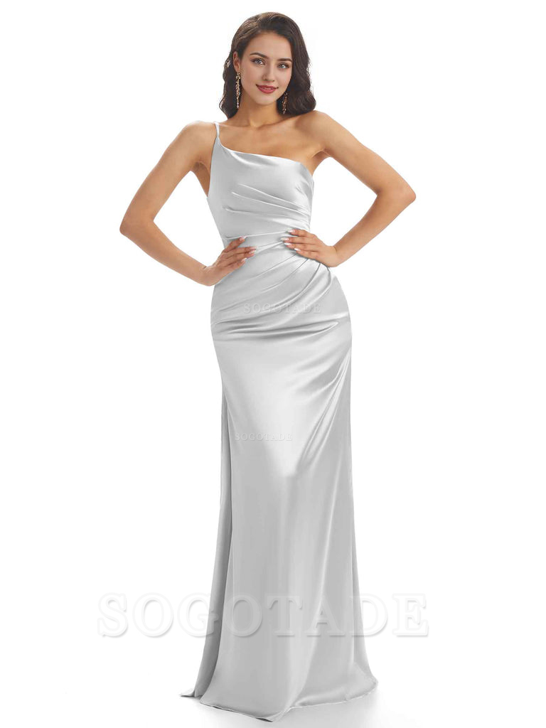 Sexy Soft Satin One Shoulder Side Slit Mermaid Long Bridesmaid Dresses prom dress shop ﻿
