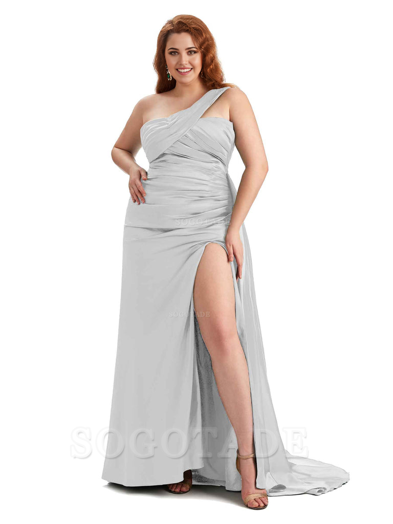  One Shoulder Sleeveless Sexy Side Hight Slit Mermaid Soft Satin Long Plus Size Bridesmaid Gowns