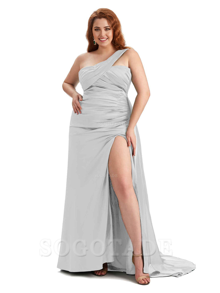  One Shoulder Sleeveless Sexy Side Hight Slit Mermaid Soft Satin Long Plus Size Bridesmaid Gowns