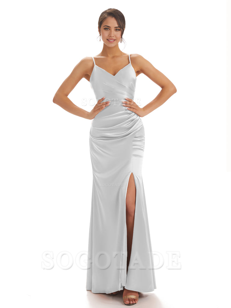 Spaghetti Straps Pleats Satin formal dresses evening gown Bridesmaid Dresses With Side Slit 