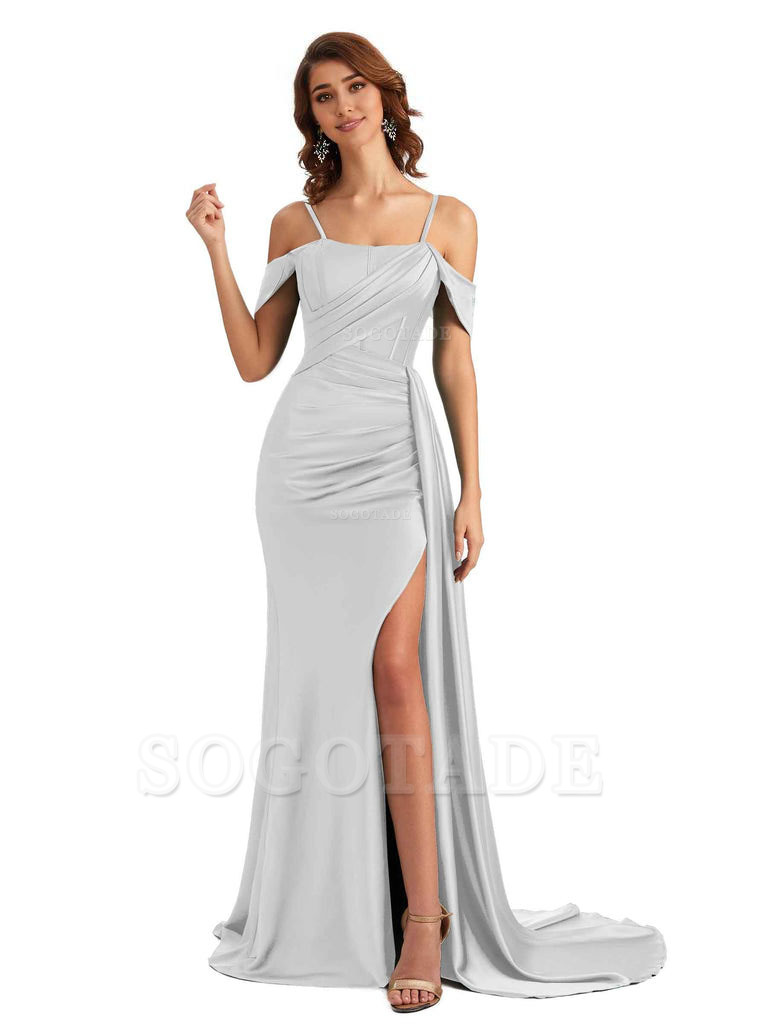 Sexy Side Slit Cold Shoulder Mermaid Satin Chic Long Wedding Guest Dresses