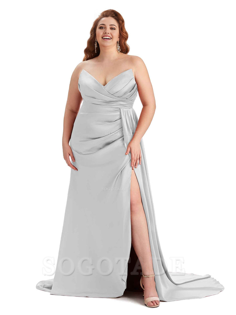 Sexy V-neck Side Slit Sleeveless Mermaid Soft Satin Long Plus Size Bridesmaid Gowns
