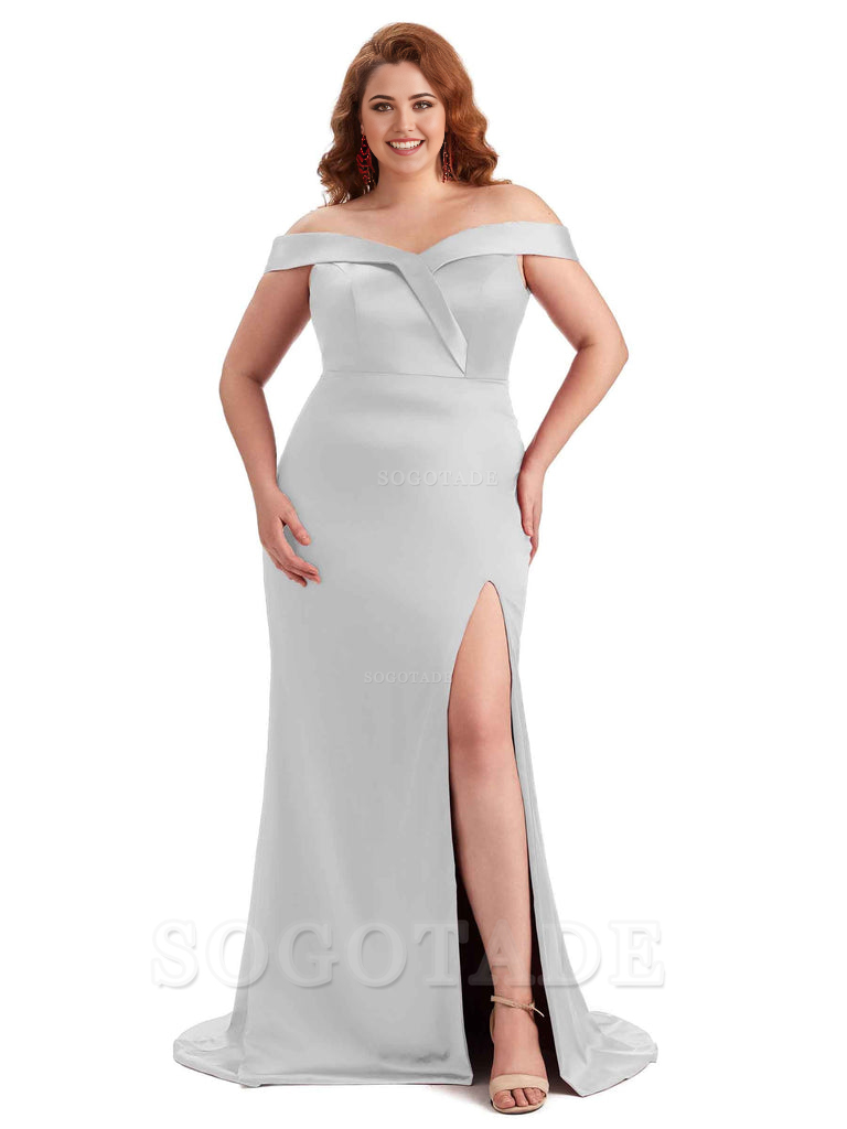 Elegant Off The Shoulder Sleeveless Side Slit Mermaid Soft Satin Long Plus Size Bridesmaid Gowns