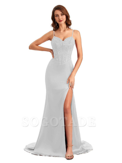 Sexy Side Slit Mermaid Silky Satin V-Neck Lace Unique Long Bridesmaid Dresses