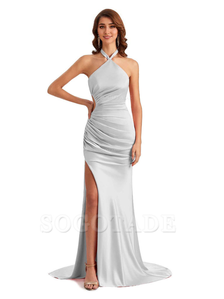 Sexy Halter Mermaid Silky Satin Unique Long Formal Wedding Guest Dresses