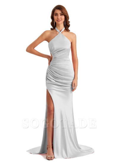 Sexy Halter Mermaid Silky Satin Unique Long Formal Wedding Guest Dresses