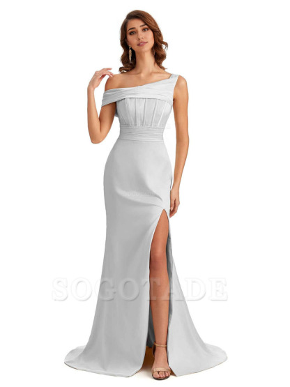 Elegant Asymmetrical Neck Soft Satin Side Slit Long Mermaid Bridesmaid Dresses