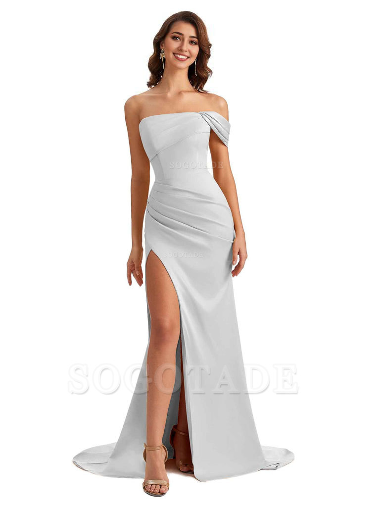 Unique One Shoulder Side Slit Satin Long Formal Dresses For Bridesmaid Dresses