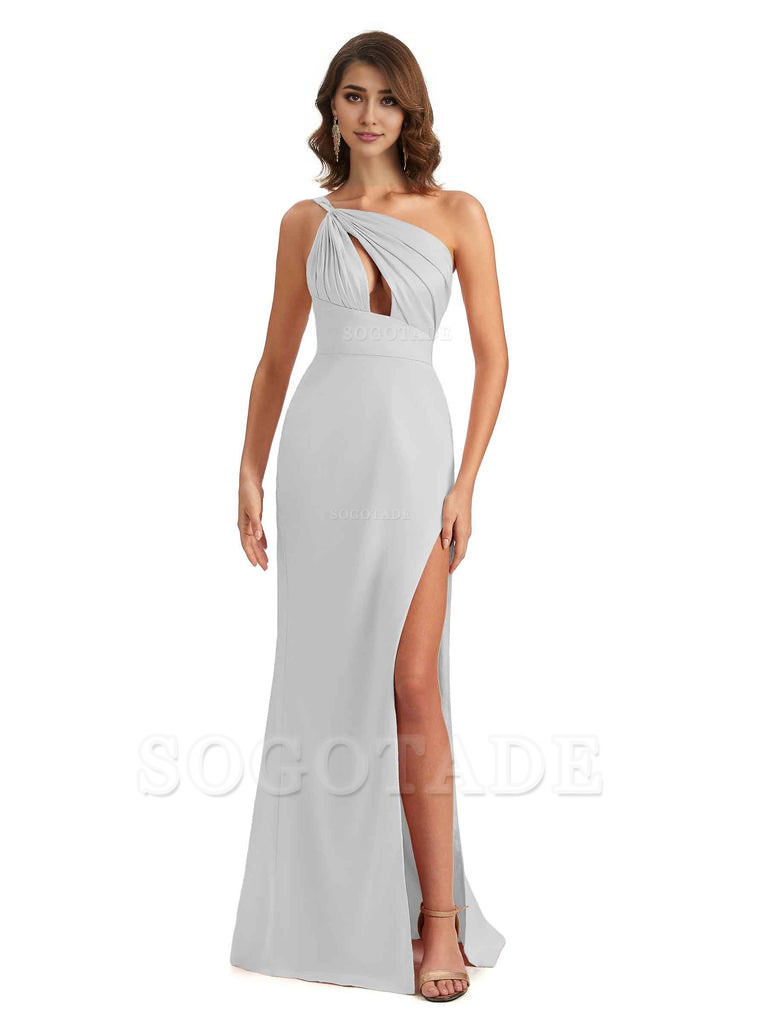 Sexy One Shoulder Silky Satin Unique Long Ladies Bridesmaid Dress For Wedding