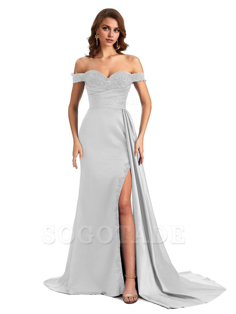 Sexy Off The Shoulder Mermaid Side Slit Silky Satin Long Bridesmaid Dress For Wedding
